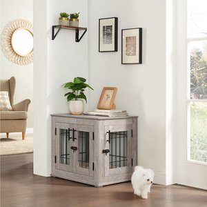 Unipaws Wooden Wire Furniture End Table Dog Crate, Weathered Gray, Small