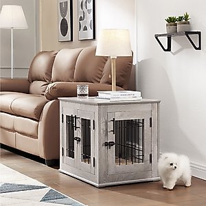 Unipaws Wooden Wire Furniture End Table Dog Crate, Weathered Gray, Small