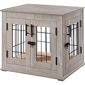 Unipaws Wooden Wire Furniture End Table Dog Crate, Weathered Gray, Small
