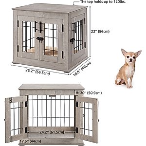 Unipaws Wooden Wire Furniture End Table Dog Crate, Weathered Gray, Small