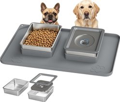 UPSKY 2-In-1 No Spill Anti-Slip Dishwasher Safe Double Plastic Stainless Steel Dog & Cat Bowl Set with Silicone Mat, 6-cup, Grey