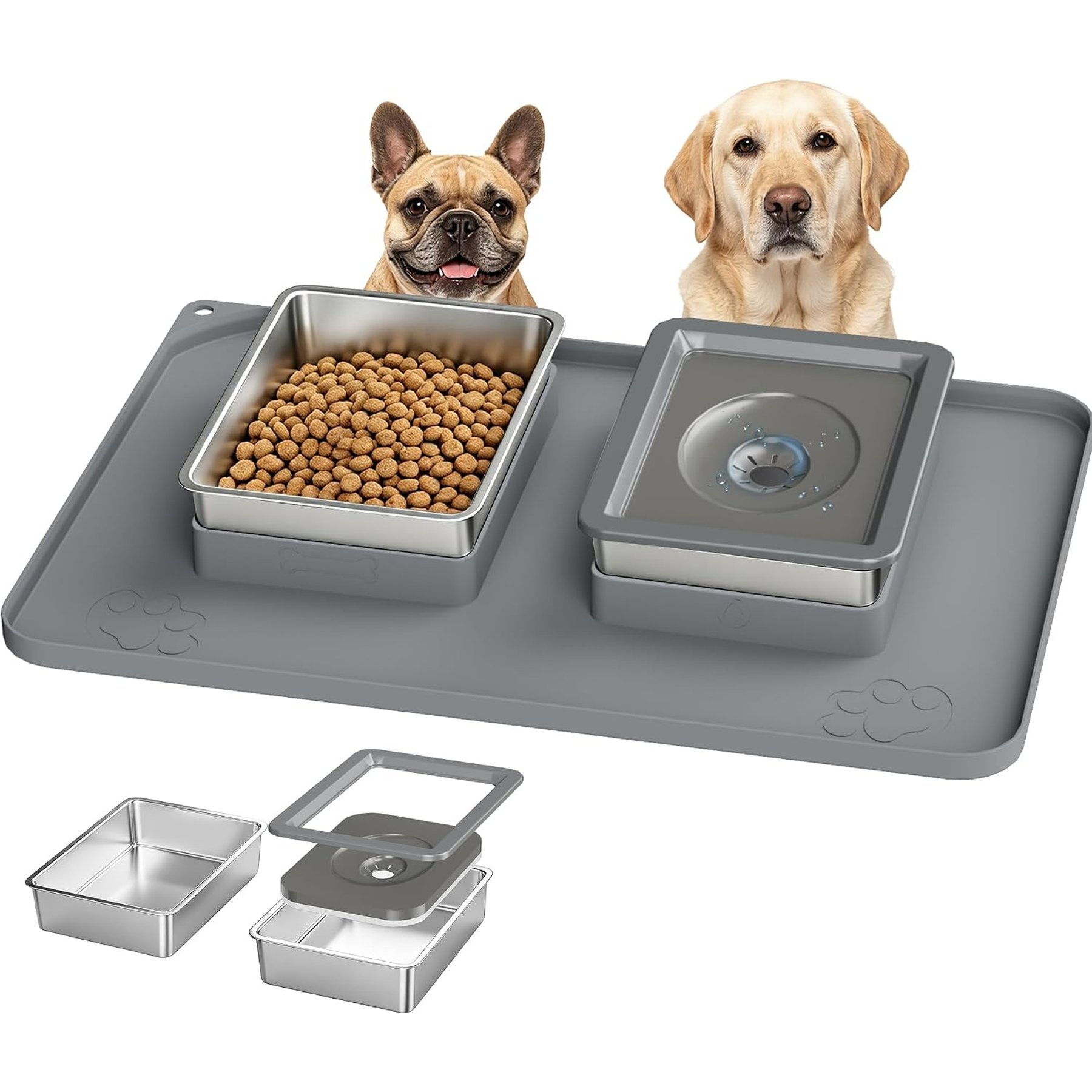 UPSKY 2-In-1 No Spill Anti-Slip Dishwasher Safe Double Plastic Stainless Steel Dog & Cat Bowl Set with Silicone Mat, 6-cup, Grey