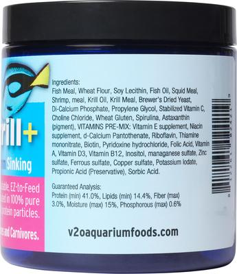 Show full view: V2O Aquarium Foods Marine Krill+ Soft & Moist 1.2 mm Pellet Fish Food, 1-lb jar slide 2 of 3