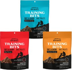 Variety Pack - American Journey Beef Recipe Grain-Free Soft & Chewy Training Bits Dog Treats, Salmon & Chicken Flavors