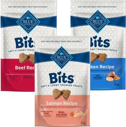Variety Pack - Blue Buffalo Blue Bits Tender Beef Recipe Soft-Moist Training Dog Treats, 4-oz bag, Chicken & Salmon Flavors