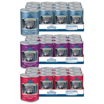 Blue Buffalo Variety Pack - Blue Buffalo Wilderness Beef & Chicken Grill Grain-Free Canned Dog Food, 12.5-oz, case of 12, Salmon & Chicken & Turkey & Chicken Flavors