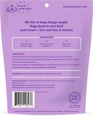 Show full view: Variety Pack - Bocce's Bakery Bedtime Tea Banana, Vanilla & Lavender Dog Treats, Peanut Butter, Molasses & Vanilla Cake & Burgers & Fries Beef, Sweet Potatoes & Cheese Flavors slide 4 of 8