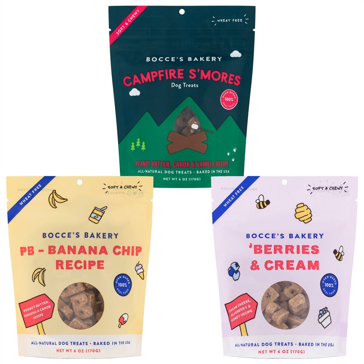 Variety Pack - Bocce's Bakery Campfire S'mores Peanut Butter, Carob & Vanilla Recipe Dog Treats, PB-Banana Chip & Berries & Cream Flavors