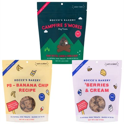 Bocce's Bakery Variety Pack - Bocce's Bakery Campfire S'mores Peanut Butter, Carob & Vanilla Recipe Dog Treats, PB-Banana Chip & Berries & Cream Flavors