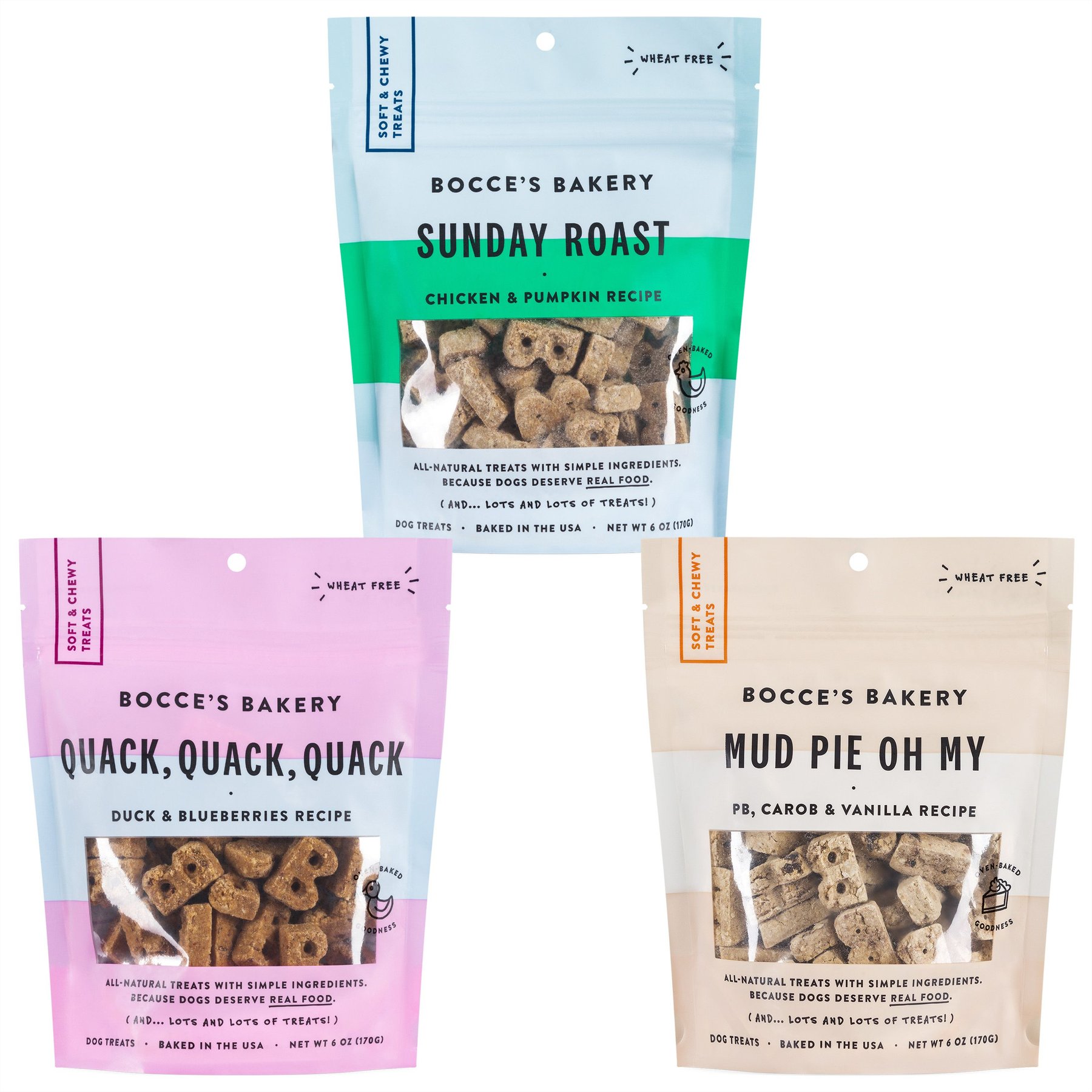 Variety Pack - Bocce's Bakery Sunday Roast Chicken & Pumpkin Recipe Soft & Chewy Dog Treats, Duck & Blueberry & Mud Pie Flavors