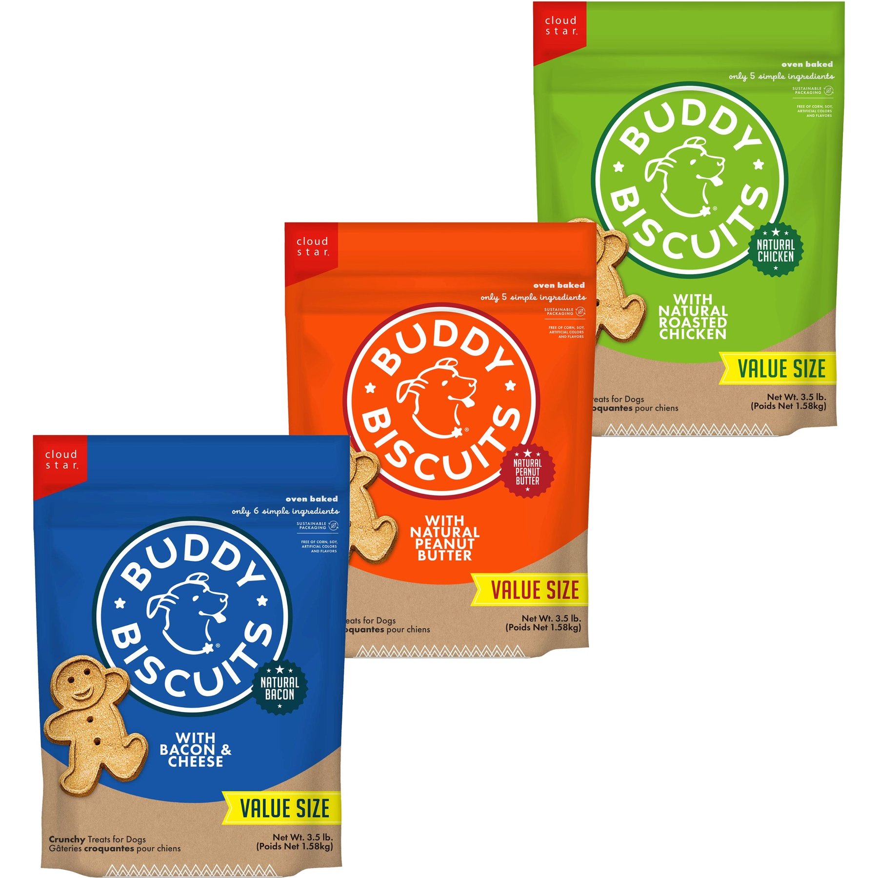 Variety Pack - Buddy Biscuits with Bacon & Cheese Oven Baked Dog Treats, Chicken & Peanut Butter Flavors