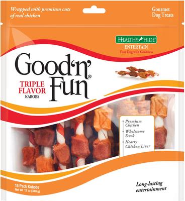 Show full view: Variety Pack - Good 'n' Fun Triple Flavor Kabobs Chicken, Duck & Chicken Liver Dog Chews, Beef, Pork & Chicken & Beef, Pork & Chicken Sticks Flavors slide 2 of 9
