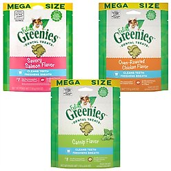 Variety Pack - Greenies Feline Oven Roasted Chicken Flavor Adult Dental Cat Treats, 4.6-oz bag, Salmon & Catnip Flavors