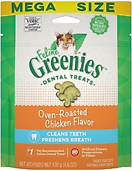 Variety Pack - Greenies Feline Oven Roasted Chicken Flavor Adult Dental Cat Treats, 4.6-oz bag, Salmon & Catnip Flavors slide 2 of 9