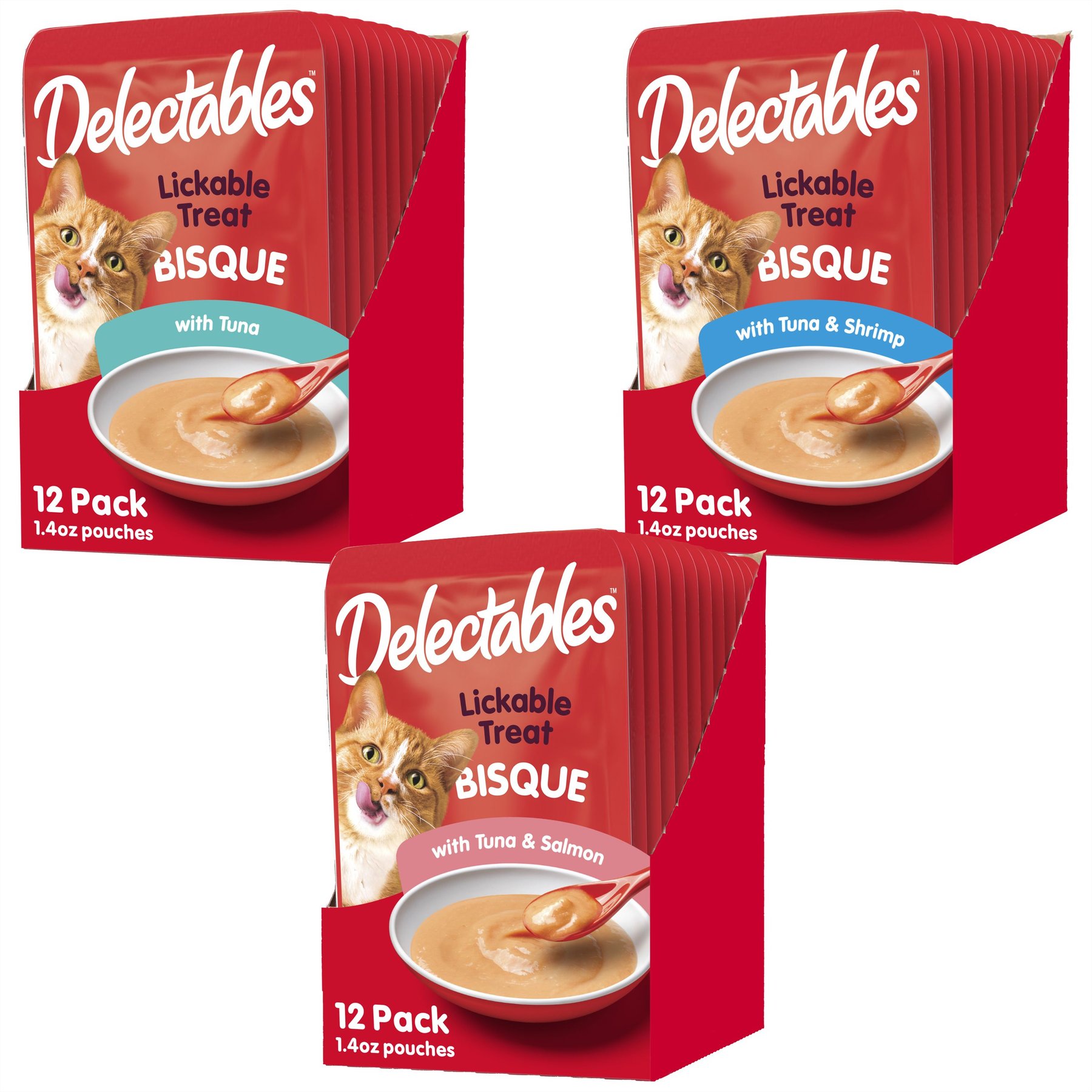 Variety Pack - Hartz Delectables Bisque Tuna & Salmon Pack Lickable Cat Treats, 1.4-oz pouch, 12 count, Tuna & Tuna & Shrimp Flavors