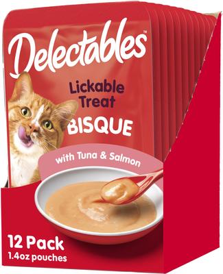 Show full view: Variety Pack - Hartz Delectables Bisque Tuna & Salmon Pack Lickable Cat Treats, 1.4-oz pouch, 12 count, Tuna & Tuna & Shrimp Flavors slide 2 of 10