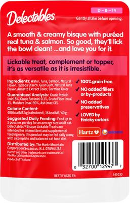 Show full view: Variety Pack - Hartz Delectables Bisque Tuna & Salmon Pack Lickable Cat Treats, 1.4-oz pouch, 12 count, Tuna & Tuna & Shrimp Flavors slide 3 of 10