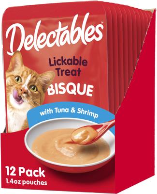 Show full view: Variety Pack - Hartz Delectables Bisque Tuna & Salmon Pack Lickable Cat Treats, 1.4-oz pouch, 12 count, Tuna & Tuna & Shrimp Flavors slide 8 of 10