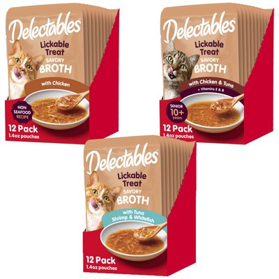 Delectables Variety Pack - Hartz Delectables Savory Broths Non-Seafood Recipe & Chicken Grain-Free Lickable Cat Treats, 1.4-oz pouch, pack of 12, Chicken & Tuna & Tuna, Shrimp & Whitefish Flavors