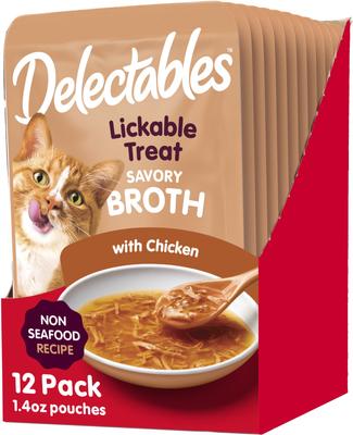 Show full view: Variety Pack - Hartz Delectables Savory Broths Non-Seafood Recipe & Chicken Grain-Free Lickable Cat Treats, 1.4-oz pouch, pack of 12, Chicken & Tuna & Tuna, Shrimp & Whitefish Flavors slide 2 of 9