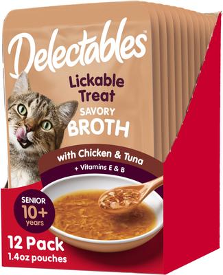 Show full view: Variety Pack - Hartz Delectables Savory Broths Non-Seafood Recipe & Chicken Grain-Free Lickable Cat Treats, 1.4-oz pouch, pack of 12, Chicken & Tuna & Tuna, Shrimp & Whitefish Flavors slide 5 of 9