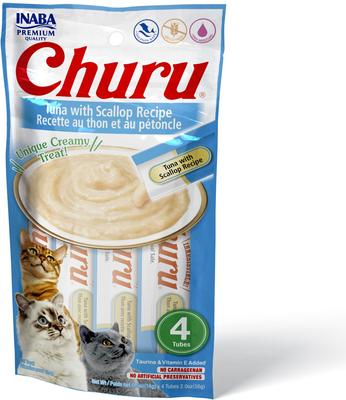 Show full view: Variety Pack - Inaba Churu Grain-Free Tuna with Scallop Puree Lickable Cat Treat, 0.5-oz tube, pack of 4, Tuna with Scallop & Tuna with Chicken Flavors slide 2 of 11