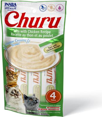 Show full view: Variety Pack - Inaba Churu Grain-Free Tuna with Scallop Puree Lickable Cat Treat, 0.5-oz tube, pack of 4, Tuna with Scallop & Tuna with Chicken Flavors slide 6 of 11