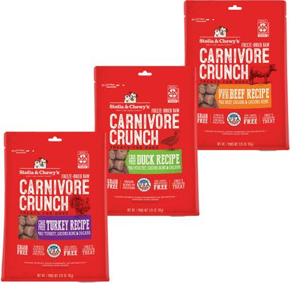 Show full view: Stella & Chewy's Carnivore Crunch Grass-Fed Beef, Duck & Turkey Recipe Freeze-Dried Raw Dog Treats, 3.25-oz bag, bundle of 3 slide 1 of 10