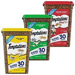 Variety Pack - Temptations Classic Tasty Chicken Flavor Soft & Crunchy Cat Treats, 30-oz tub, Seafood Medley & Backyard Cookout Flavors