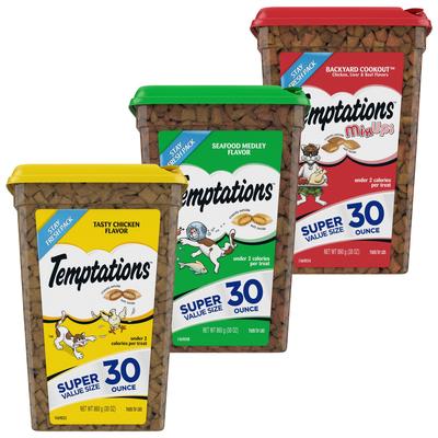 Show full view: Variety Pack - Temptations Classic Tasty Chicken Flavor Soft & Crunchy Cat Treats, 30-oz tub, Seafood Medley & Backyard Cookout Flavors slide 1 of 10