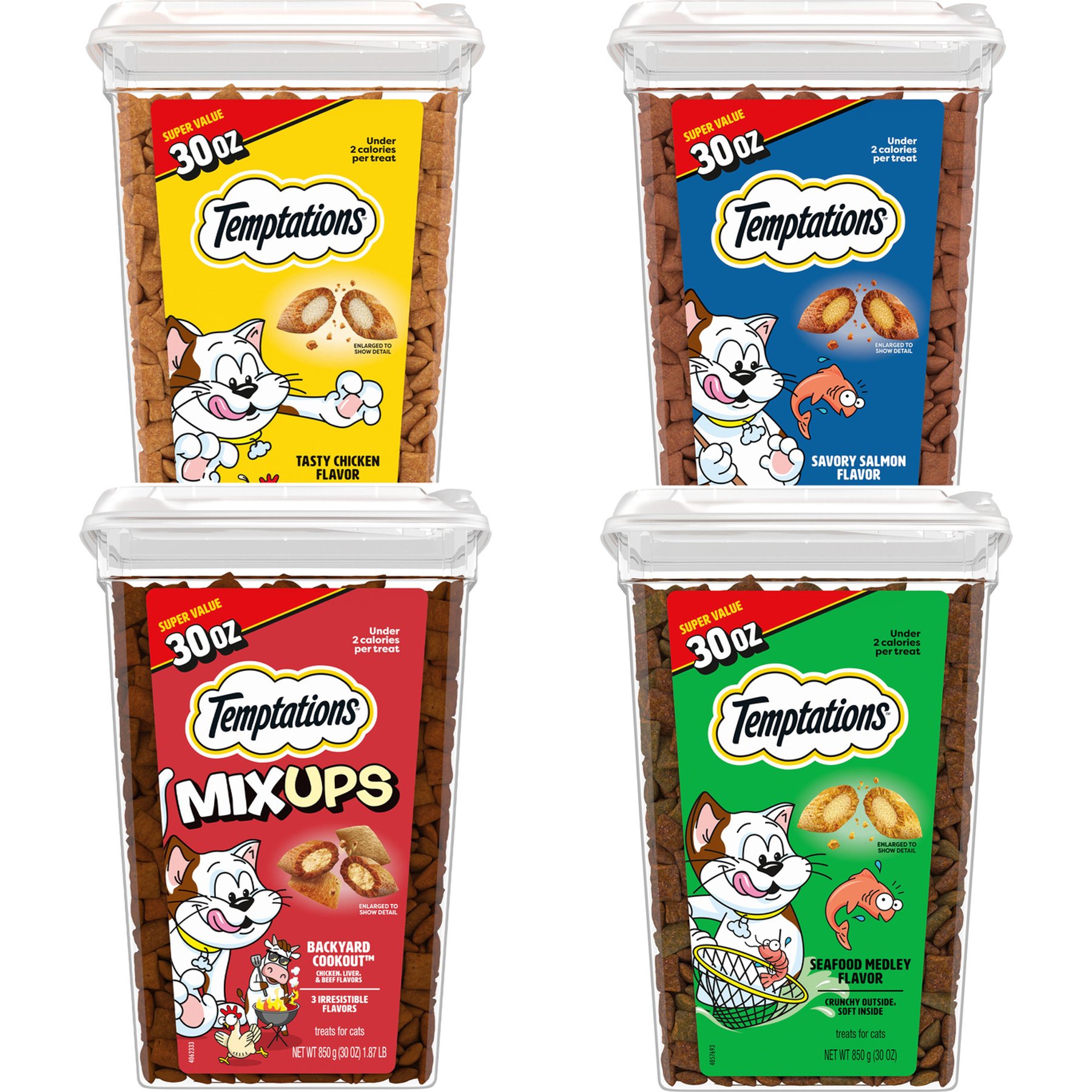 Variety Pack - Temptations Classic Tasty Chicken Flavor Soft & Crunchy Cat Treats, 30-oz tub, Seafood Medley, Savory Salmon & Backyard Cookout Flavors