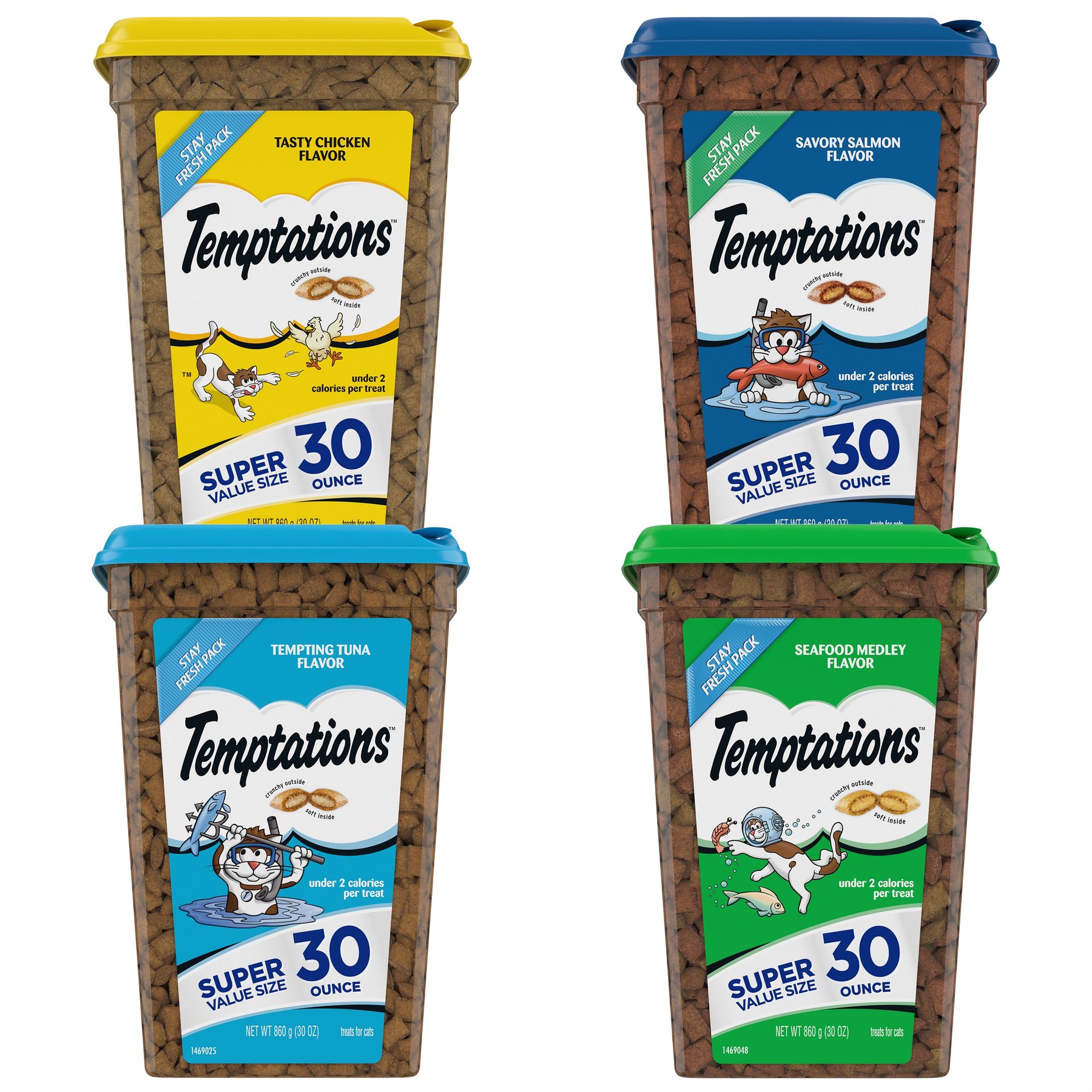 Variety Pack - Temptations Classic Tasty Chicken Flavor Soft & Crunchy Cat Treats, 30-oz tub, Seafood Medley, Savory Salmon & Tuna Flavors