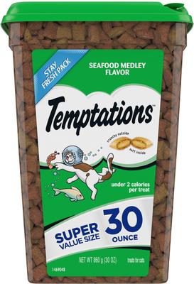 Show full view: Variety Pack - Temptations Classic Tasty Chicken Flavor Soft & Crunchy Cat Treats, 30-oz tub, Seafood Medley, Savory Salmon & Tuna Flavors slide 5 of 10