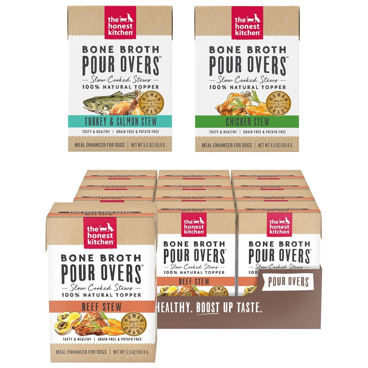 Variety Pack - The Honest Kitchen Bone Broth POUR OVERS Chicken Stew Wet Dog Food Topper, 5.5-oz, case of 12, Turkey & Salmon & Beef Flavors