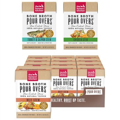 The Honest Kitchen Variety Pack - The Honest Kitchen Bone Broth POUR OVERS Chicken Stew Wet Dog Food Topper, 5.5-oz, case of 12, Turkey & Salmon & Beef Flavors
