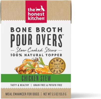 Show full view: Variety Pack - The Honest Kitchen Bone Broth POUR OVERS Chicken Stew Wet Dog Food Topper, 5.5-oz, case of 12, Turkey & Salmon & Beef Flavors slide 2 of 9