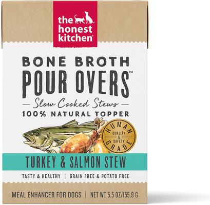 Show full view: Variety Pack - The Honest Kitchen Bone Broth POUR OVERS Chicken Stew Wet Dog Food Topper, 5.5-oz, case of 12, Turkey & Salmon & Beef Flavors slide 5 of 9