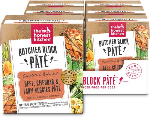 Show full view: Variety Pack - The Honest Kitchen Butcher Block Pate Chicken & Super Greens Pate Wet Dog Food, 10.5-oz, case of 6, Beef, Cheddar & Farm Veggies & Turkey & Autumn Veggies Flavors slide 5 of 9