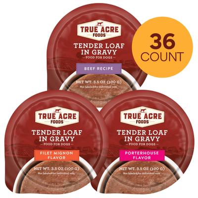 Show full view: Variety Pack – True Acre Foods Tender Loaf in Gravy Wet Dog Food Cups, Beef Recipe, Filet Mignon & Porterhouse Flavors, 3.5-oz, 36 count slide 1 of 9