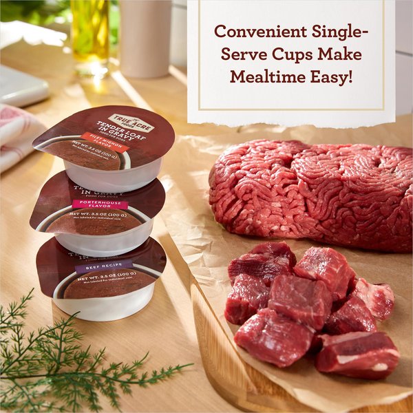Show full view: Variety Pack – True Acre Foods Tender Loaf in Gravy Wet Dog Food Cups, Beef Recipe, Filet Mignon & Porterhouse Flavors, 3.5-oz, 36 count slide 3 of 9