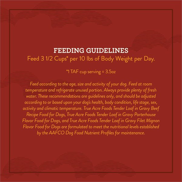 Show full view: Variety Pack – True Acre Foods Tender Loaf in Gravy Wet Dog Food Cups, Beef Recipe, Filet Mignon & Porterhouse Flavors, 3.5-oz, 36 count slide 8 of 9