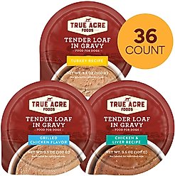Variety Pack – True Acre Foods Tender Loaf in Gravy Wet Dog Food Cups, Chicken & Liver Recipe, Turkey Recipe & Grilled Chicken Flavor, 3.5-oz, 36 count