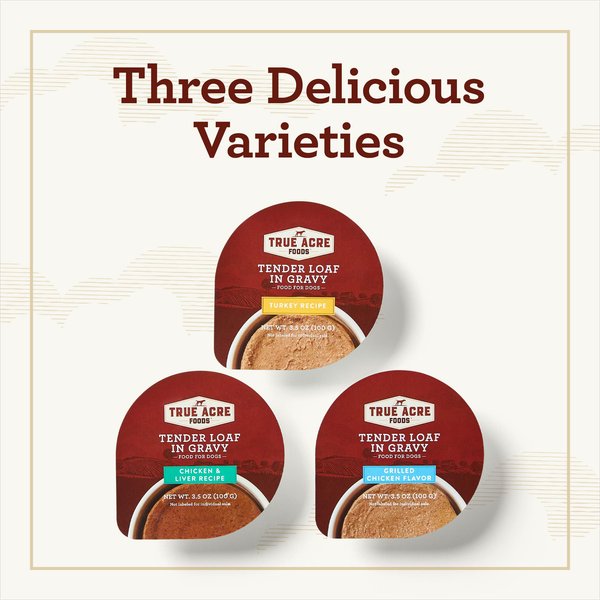 Show full view: Variety Pack – True Acre Foods Tender Loaf in Gravy Wet Dog Food Cups, Chicken & Liver Recipe, Turkey Recipe & Grilled Chicken Flavor, 3.5-oz, 36 count slide 2 of 9