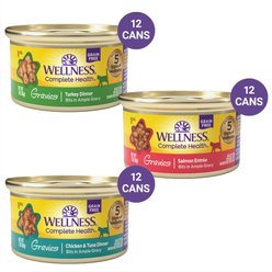 Variety Pack - Wellness Natural Grain-Free Gravies Turkey Dinner Canned Cat Food, 3-oz, case of 12, Tuna & Salmon Flavors
