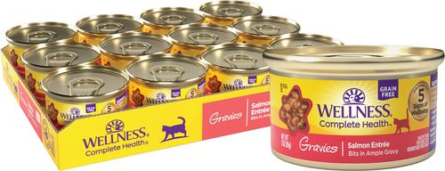 Show full view: Variety Pack - Wellness Natural Grain-Free Gravies Turkey Dinner Canned Cat Food, 3-oz, case of 12, Tuna & Salmon Flavors slide 5 of 10