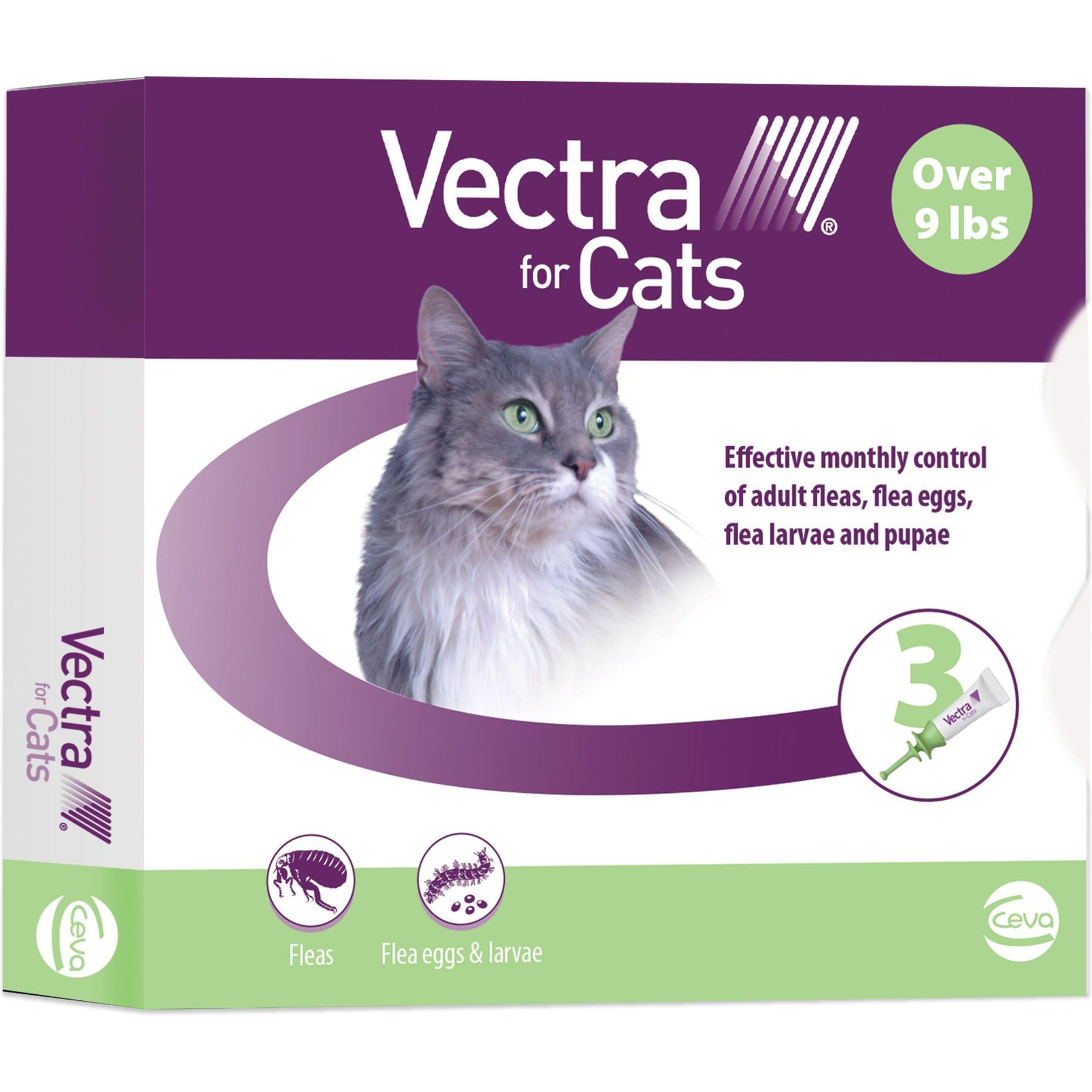 Vectra Flea Spot Treatment for Cats & Kittens, over 9 lbs, (Green Box), 3 Doses (3-mos. supply)