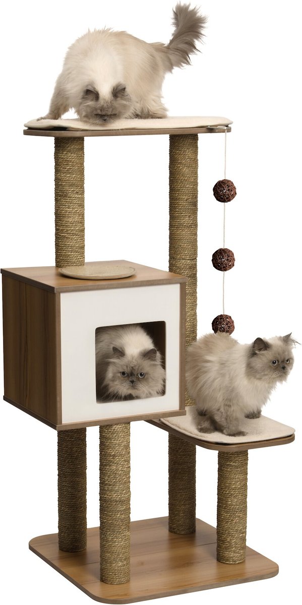 Modern wooden Vesper V-High Base cat tower with cube condo and cushions