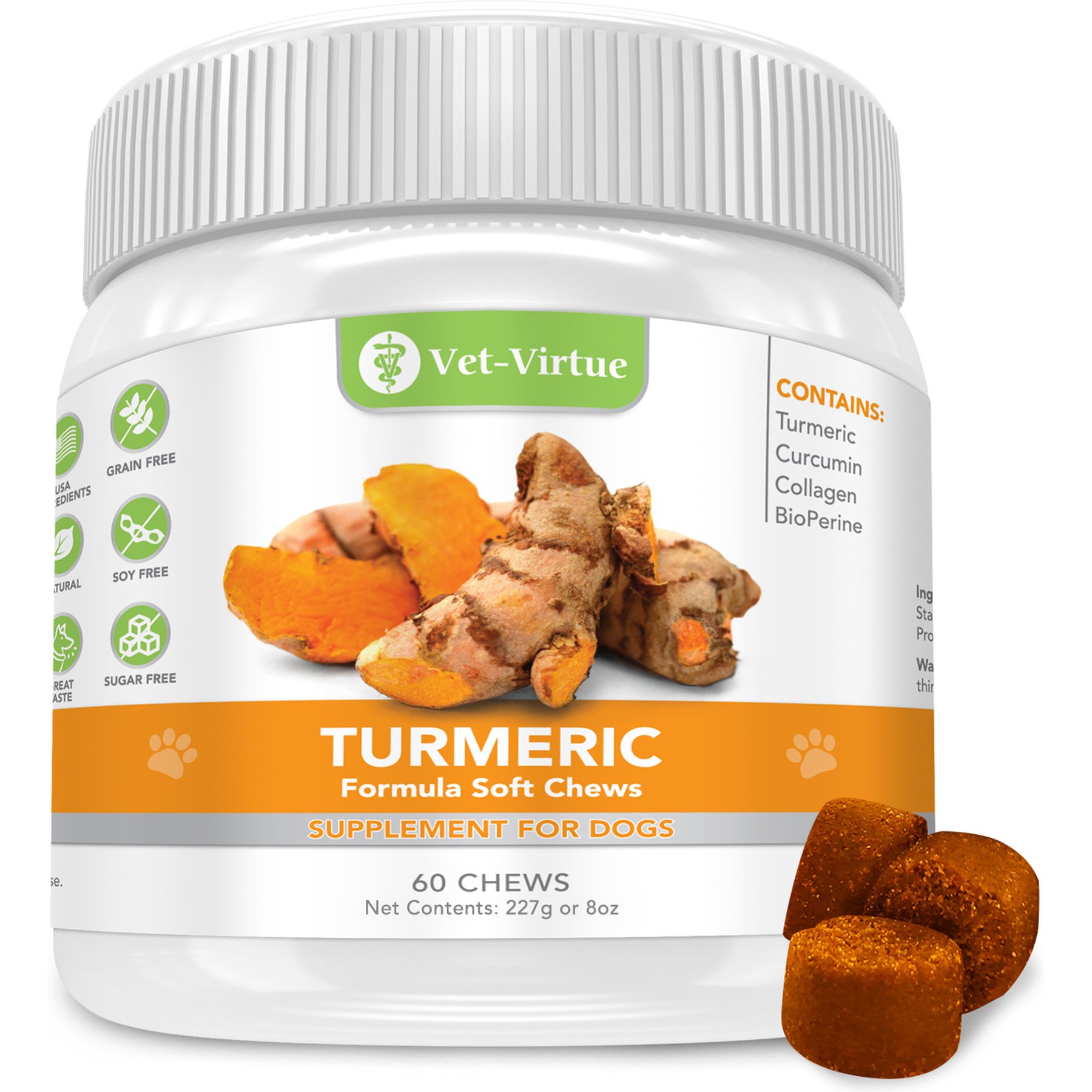 Vet Virtue Natural Turmeric & Curcumin Soft Chews with Collagen & BioPerine Hip & Joint Supplement for Dogs, 8-oz jar, 60 count