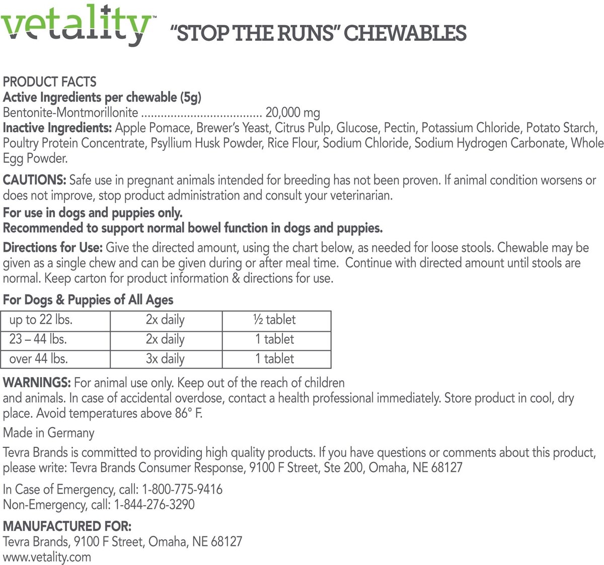 VETALITY Stop the Runs Anti Diarrhea Medication for Dogs, count