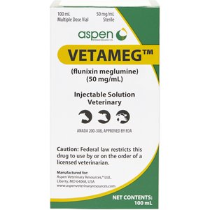 Vetameg (flunixin meglumine) Injectable for Horses & Livestock, 50 mg/mL,100-mL vial